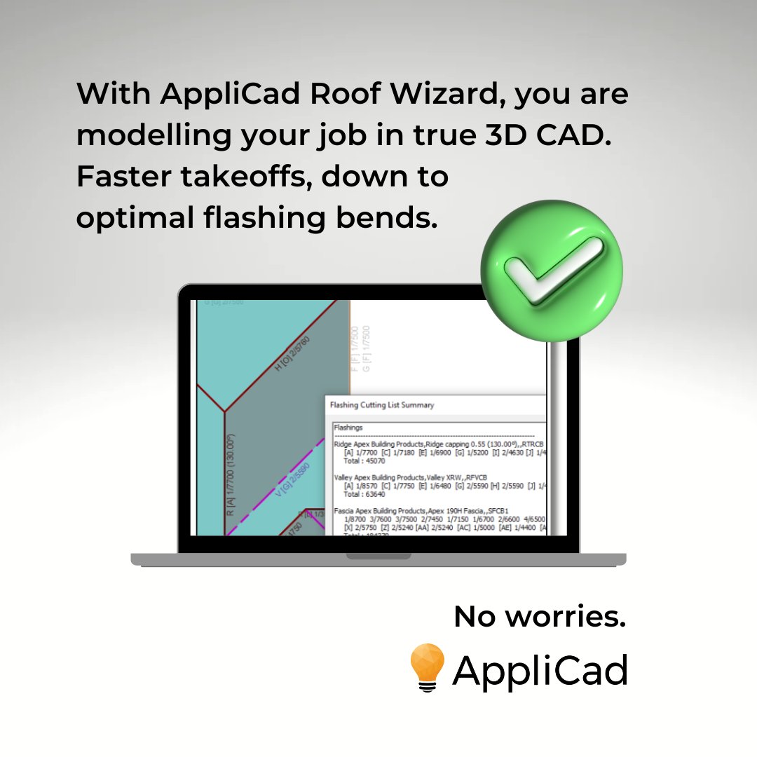 With AppliCad, you have the advantage of modelling your roof job in true 3D CAD. 

Accurately calculate your entire take-off, including flashing lengths, bend angles and other odds and ends that are time-consuming to estimate by hand or in spreadsheets.

#metalroofing