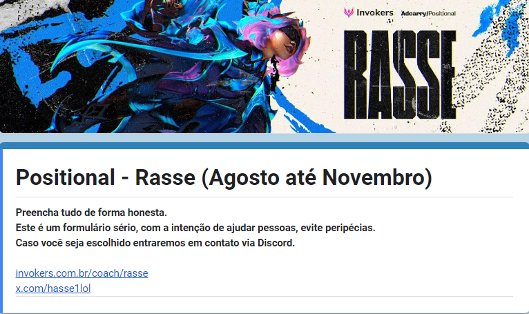 🚨 Positional Free (Agosto até Novembro)

Estarei escolhendo dois players para terem positional comigo durante 3 meses, sem custo.

OBS: Isso não é um sorteio, a escolha será baseada nas respostas do formulário.

Interessados, basta preencher 👇
forms.gle/6riyGTHVi8n81e…