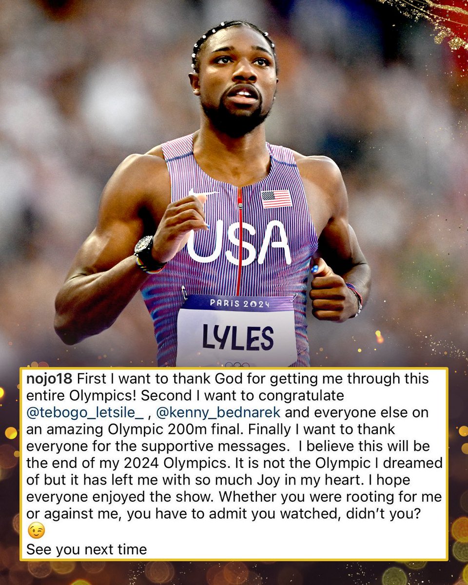 NBCOlympics's tweet photo. Noah Lyles has announced that he will not be competing for the remainder of the #ParisOlympics. https://t.co/whkGOImuEF