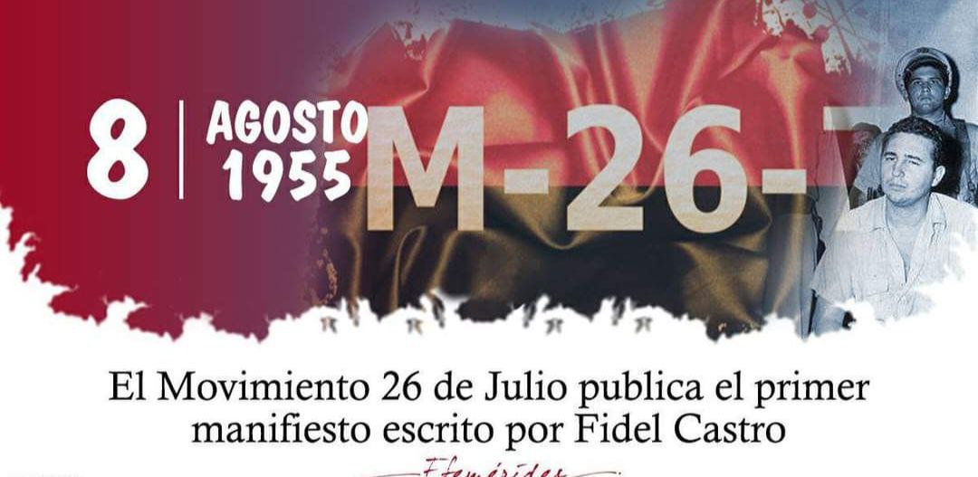 📆 Hoy, Aniv. 69 de la publicación del 1er Manifiesto del M-26-7.

💪El Manifiesto fue redactado por #Fidel en México, en el documento se hace un llamado a luchar contra la dictadura de Batista y se expone el Programa de la Revolución sintetizado en 15 puntos.

#HistoriaAlDía