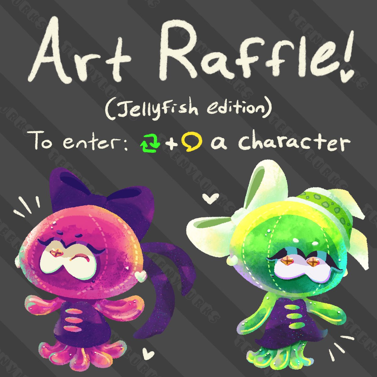 WHOAA I REACHED 1k??? Thank you so much!! In celebration, I will host my first art raffle on here!

All you have to do is retweet + comment an oc or character from ANY franchise and they could be jellified! 🪼✨

The raffle will end on ❗️Aug 10th at 8:00 PM, CST ❗️

Good luck! ♡