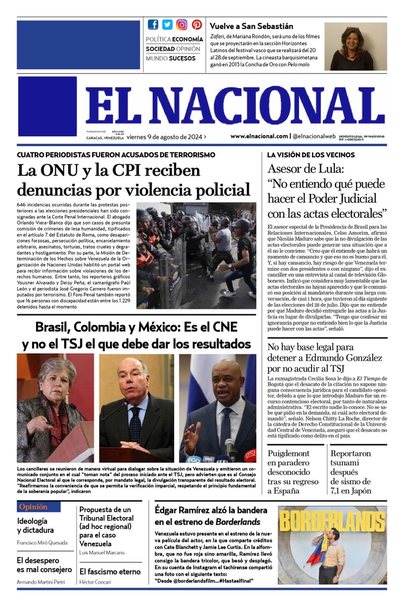 ElNacionalWeb's tweet photo. Portada de El Nacional de este viernes 09 de agosto de 2024 https://t.co/cTxaEQZJVZ https://t.co/VWdaUYD5yu