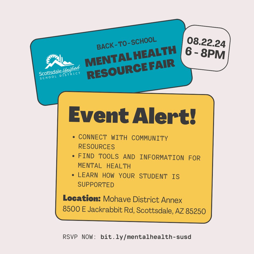 ScottsdaleUSD's tweet image. Join us at our first SUSD Back-to-School Mental Health Resource Fair!

RSVP: bit.ly/mentalhealth-s…

Share with fellow families who could benefit from learning about these resources 🫶

#BecauseKids #MentalHealth #SupportServices #ElevateExcellence