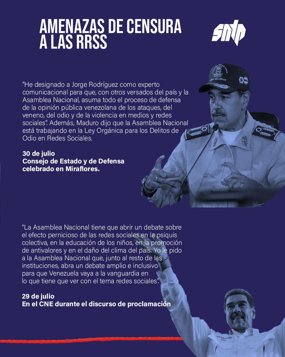 sntpvenezuela's tweet photo. Nicolás Maduro ha amenazado reiteradas veces con bloquear en #Venezuela el acceso a redes sociales, especialmente después de que circularan mensajes sobre los resultados electorales y el cuestionamiento al anuncio del #CNE.
Aquí sus declaraciones desde el #29Ago
⬇️ https://t.co/7KN1z5bl67