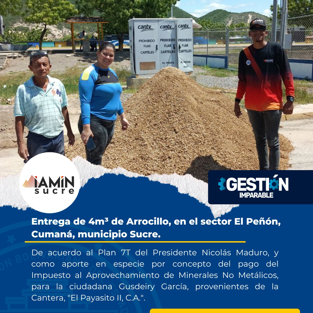 #08Ago| En cumplimiento del Plan 7T del Pdte. <a href="/NicolasMaduro/">Nicolás Maduro</a>, se entregaron 4m³ de Arrocillo provenientes del Operador Minero El Payasito II  C.A., en el sector El Peñón, Cumaná, mcpio #Sucre.
@GPintoVzla