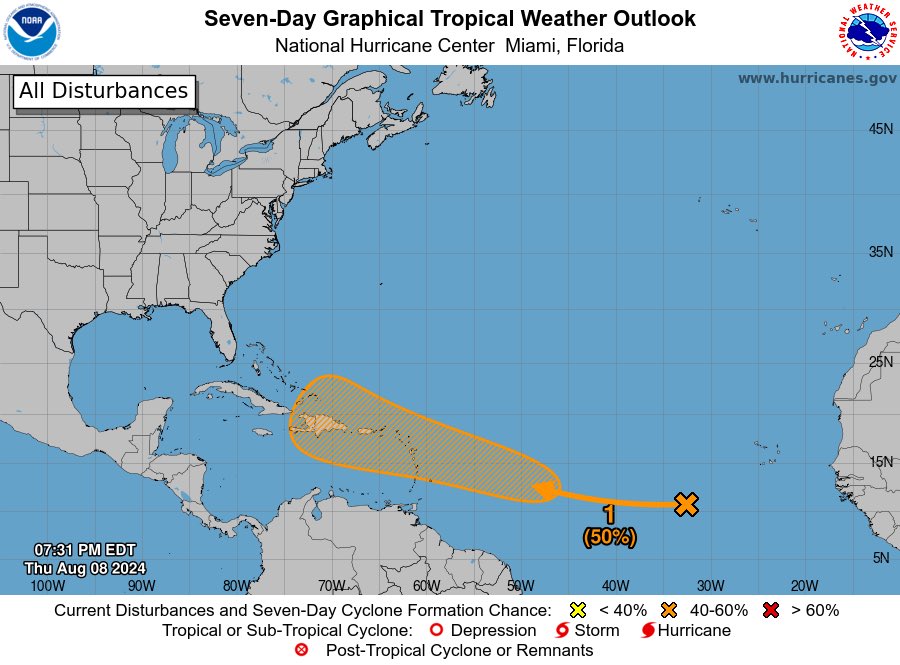 TCWxCenter's tweet image. The NHC has increased odds for development of the wave over the eastern part of the central Atlantic, up to 50% over the next 7 days.