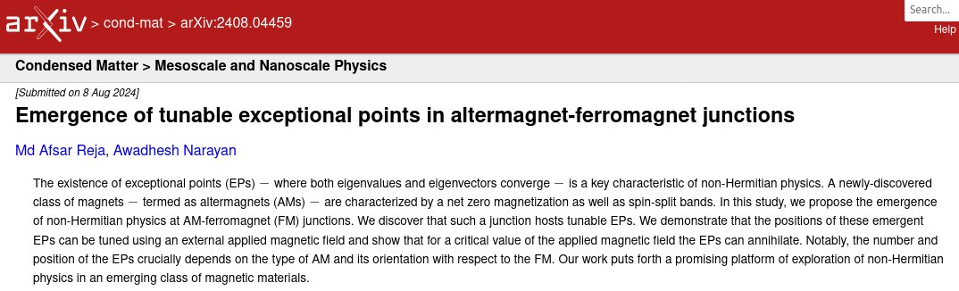 Awadhesh Narayan (@anarayan_) on Twitter photo Afsar has discovered tunable exceptional points in altermagnet junctions. Read the preprint here: arxiv.org/abs/2408.04459 <a href="/_SSCU_IISc/">Solid State and Structural Chemistry Unit</a> <a href="/AfsarReja/">Afsar Reja</a> Afsar has discovered tunable exceptional points in altermagnet junctions. Read the preprint here: arxiv.org/abs/2408.04459 <a href="/_SSCU_IISc/">Solid State and Structural Chemistry Unit</a> <a href="/AfsarReja/">Afsar Reja</a>