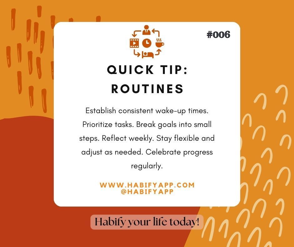 GetHabifyApp's tweet image. Establishing a solid routine is the foundation of success! 🌟 Stay consistent, embrace small steps, and watch your goals come to life. 
Check out today&apos;s Quick Tip #006 Routine! 
@HabifyApp
habifyapp.com

#RoutineSuccess #StayConsistent #BuildYourFuture