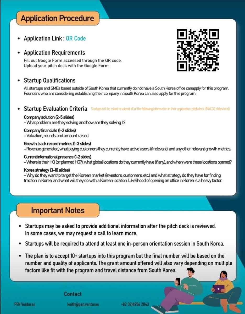 Unamiliki startup? Unafikiria kutafuta fursa katika soko la Korea Kusini? Kama jibu ni ndio, ujumbe hapa chini unakuhusu.

Programu ya K-Scouter Acceleration inakaribisha startups zinazotaka kuingia katika soko la Korea Kusini. Startup itakayofaulu itapatiwa ruzuku ya KRW milioni