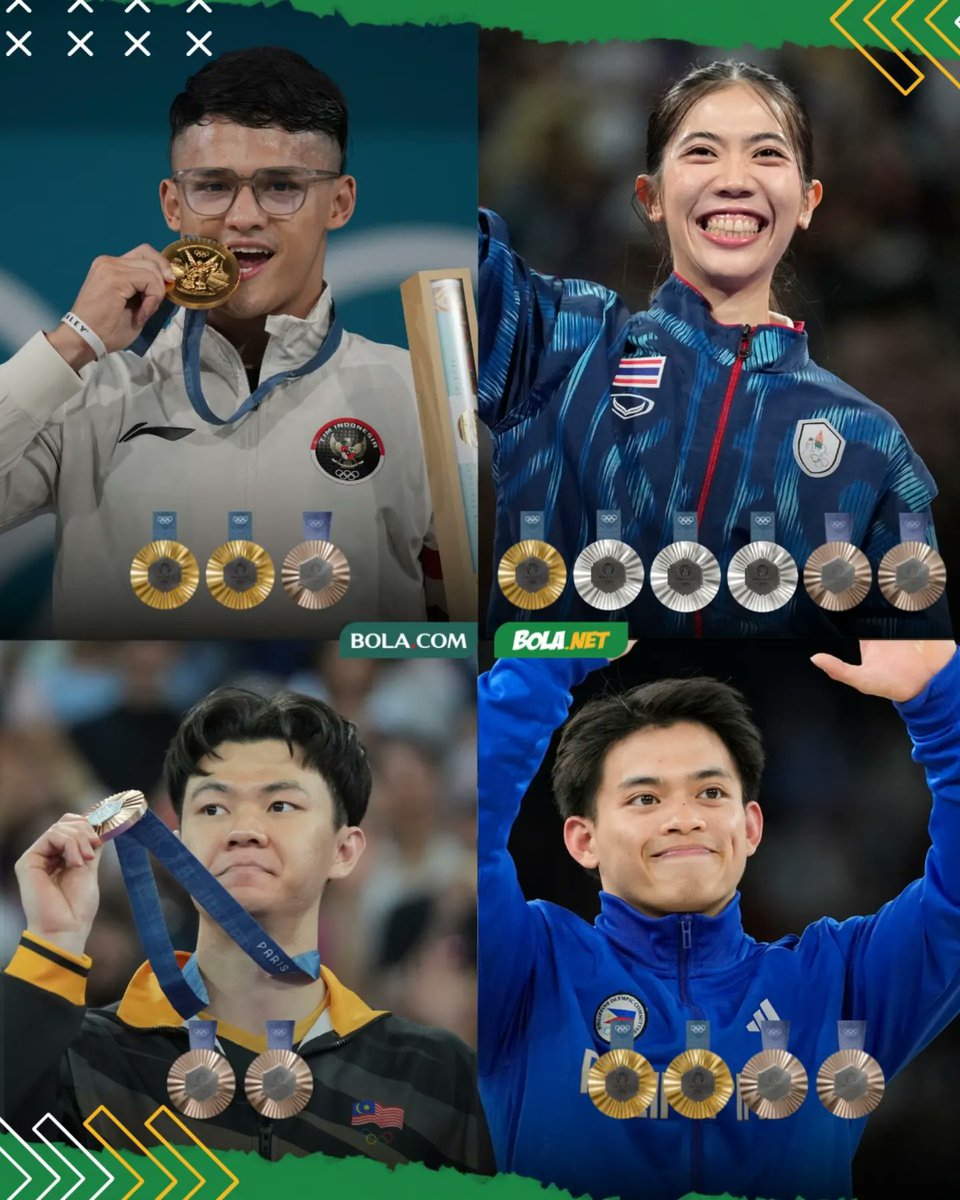 Bolanet's tweet image. Raihan medali Olimpiade Paris 2024 negara ASEAN:

26. Filipina 🥇🥇🥉🥉(2 Emas 2 Perunggu)
28. Indonesia 🥇🥇🥉(2 Emas 1 Perunggu)
32. Thailand 🥇🥈🥈🥈🥉🥉(1 Emas 3 Perak 2 Perunggu)
76. Malaysia 🥉🥉(2 Perunggu)

#olimpiade #indonesia #asean #blnrin #bolanet