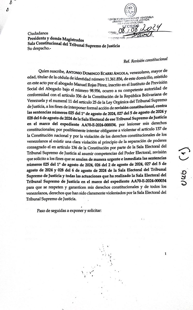 ✏️🇻🇪 Hoy, presenté un recurso de revisión constitucional contra las decisiones de la Sala Electoral del Tribunal Supremo de Justicia que asumen funciones que le son propias del CNE.

El Poder Electoral debe ejercer su autonomía, asumir su papel y no escurrir el bulto detrás del