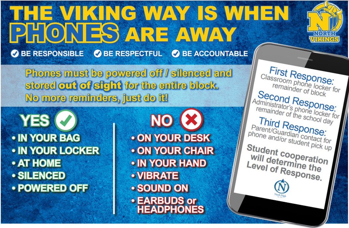 ‼️Vikings: Please note the updated cell phone practices for the upcoming school year.  Phones &amp; earbuds/headphones must be powered off/silenced &amp; stored out of sight in all learning environments (classroom, library, etc.).  Phones are allowed during lunch and passing period.