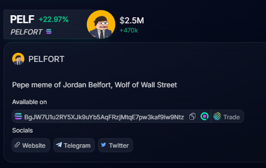 MemecoinMonitor's tweet photo. @Criptman4020 @NightOwlCapital don't worry, we added $pelf long ago https://t.co/MOusb4Ceqy