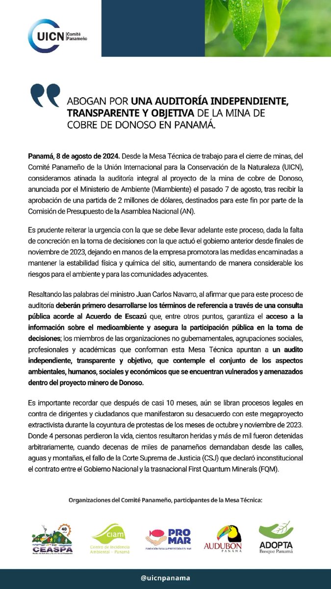COMUNICADO
 💬 Desde la Mesa Técnica de Trabajo para el Cierre de Minas, del Comité Panameño de la UICN, apoyamos la auditoría integral al proyecto minero de Donoso. Es crucial que este proceso se desarrolle con urgencia y transparencia, garantizando la participación ciudadana