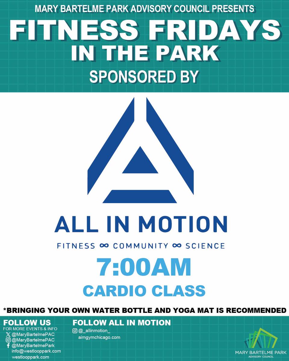 Mary Bartelme Park (@marybartelmepac) on Twitter photo Trust us, you’ll want to bring your own water bottle. <a href="/all_motion/">All in Motion Fitness</a> will give you a great workout! 💪
See you in the park tomorrow (Friday) at 7 AM.
<a href="/AldConway/">Alderman Bill Conway</a> <a href="/TheBestLoop/">The West Loop</a> <a href="/West_Looper/">WestLooper</a> Trust us, you’ll want to bring your own water bottle. <a href="/all_motion/">All in Motion Fitness</a> will give you a great workout! 💪
See you in the park tomorrow (Friday) at 7 AM.
<a href="/AldConway/">Alderman Bill Conway</a> <a href="/TheBestLoop/">The West Loop</a> <a href="/West_Looper/">WestLooper</a>