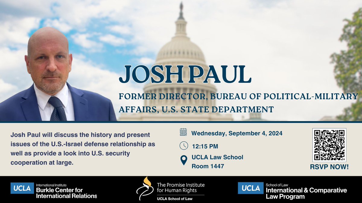 UCLA Burkle Center (@burklecenter) on Twitter photo Join us for an in-person conversation with Josh Paul, former Director of the U.S. State Department's Bureau of Political-Military Affairs Wednesday, Sep. 4, 2024! <a href="/PromiseInstUCLA/">The Promise Institute for Human Rights at UCLA Law</a> <a href="/UCLA_Law/">UCLA School of Law</a> <a href="/UCLAINTL/">UCLA International Institute</a> <a href="/StateDept/">Department of State</a> Join us for an in-person conversation with Josh Paul, former Director of the U.S. State Department's Bureau of Political-Military Affairs Wednesday, Sep. 4, 2024! <a href="/PromiseInstUCLA/">The Promise Institute for Human Rights at UCLA Law</a> <a href="/UCLA_Law/">UCLA School of Law</a> <a href="/UCLAINTL/">UCLA International Institute</a> <a href="/StateDept/">Department of State</a>