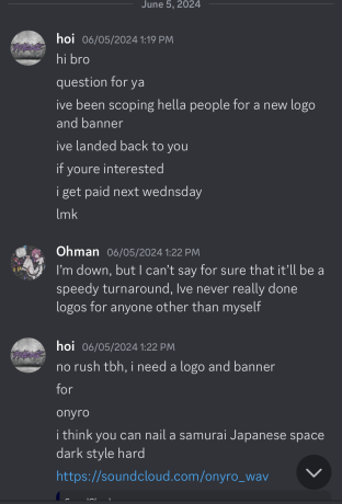 OhmanDubz's tweet photo. If you are a creative in the music scene, avoid hoi/phews/onryo. I am still unsure what I did wrong in this situation, but I don't want anyone else going through it. Where it started: the commission. https://t.co/qtUDSWgYVL
