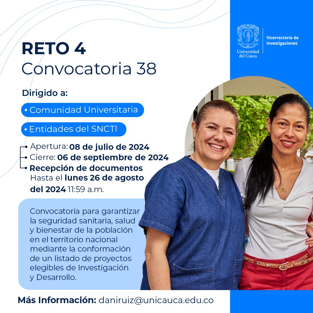 VRIUNICAU's tweet photo. Convocatoria para garantizar la #seguridadsanitaria, #salud y bienestar de la población en el territorio nacional mediante la conformación de un listado de #proyectoselegiblesdeInvestigación y Desarrollo.
¡En #Unicauca somos investigación ! 🧐 https://t.co/DOYhmsELJS