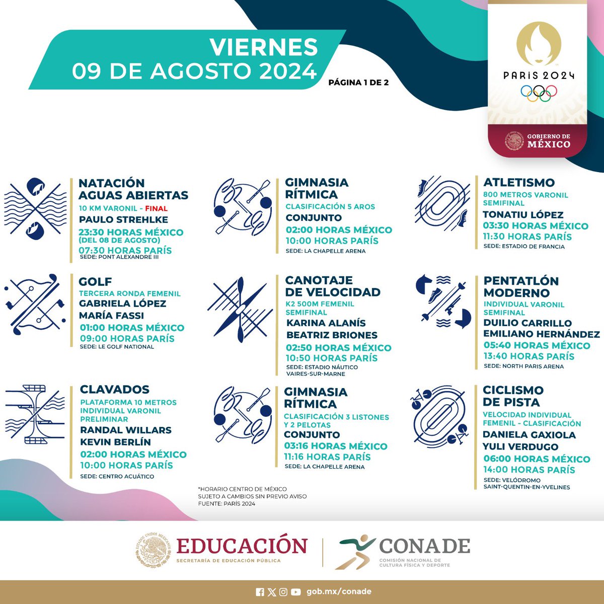 conadeoficial's tweet photo. ¡Viernes de acción en #Paris2024! 

Los mexicanos continúan con su paso en los #JuegosOlímpicos. 

👉No te pierdas ni un detalle de nuestros atletas en la justa veraniega. https://t.co/5kc30weTsS