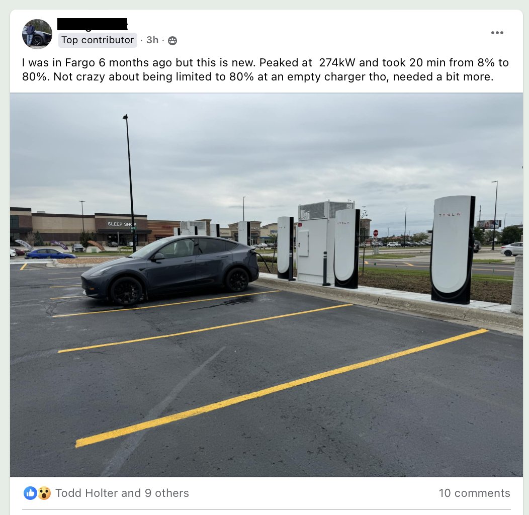brandenflasch's tweet photo. Model Y charging at 274kW?! Nov 2023 on a newly opened V3.5 Supercharger in Fargo, ND. https://t.co/QyV53Hn9kF