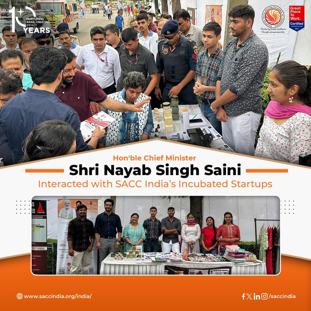 saccindia's tweet photo. On August 4, 2024, #SACCIndia celebrated #Raahgiri Day with the Hon. Chief Minister of Haryana, Shri @NayabSainiBJP. He praised the innovative #startups at our booth, marking a key milestone in our support for #entrepreneurship.
๐https://t.co/B1aVAcVBoZ https://t.co/Nha7rglhBI