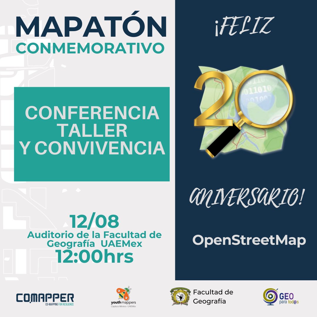 🎉 ¡Celebremos juntos el 20º aniversario de <a href="/openstreetmap/">OpenStreetMap</a> ! 🌍

Acompáñanos en el Mapatón Conmemorativo: conferencia, taller y convivencia este 12 de agosto a las 12:00 hrs en la Facultad de Geografía, <a href="/UAEM_MX/">UAEMéx</a> . ¡No faltes!  <a href="/esopenstreetmap/">OpenStreetMap en Español</a> <a href="/ym_uaemex/">YouthMappers Capítulo UAEMéx - México</a>
