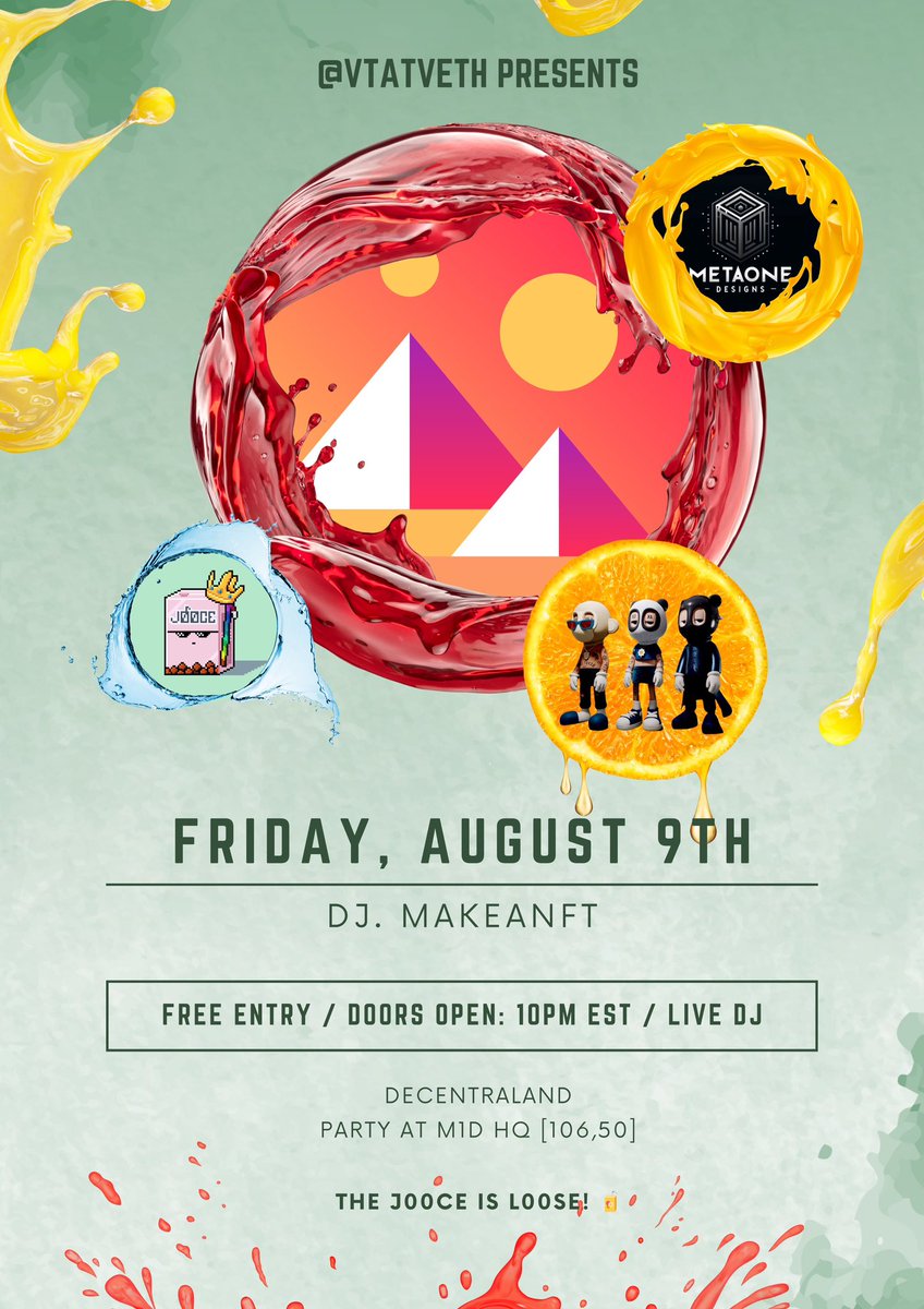 MAKEANFT's tweet photo. Friday Night 10PM EST (2AM UTC) the #MetaBeast Party heads to M1D HQ [106,50] #MetaTribe HQ live in @decentraland thanks to @Meta1MrJStickel &amp; #Meta0neDesigns with cohost @j00ce_inc presented by @vtatveth come vibe https://t.co/XdRntTldm1