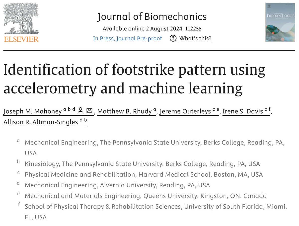 JBiomech's tweet photo. 😃New article published in J Biomech!

"Identification of footstrike pattern using accelerometry and machine learning", by Mahoney et al.

👀https://t.co/rKwyXNAXgG

#journalofbiomechanics https://t.co/PnRY31RZe4