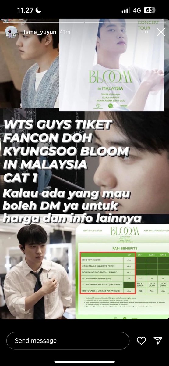 WTS Doh Kyungsoo Bloom Fancon in Malaysia. 

Cat 1 — IDR 2750k only! 
Section 301 ; Row H 
Seat : 6 
Reason to sell : cannot attend due personal reasons. 

DM for more information

#BloominKL #dohkyungsooinKL #pasarexo #BloominMY #DOinMY #DOinKL