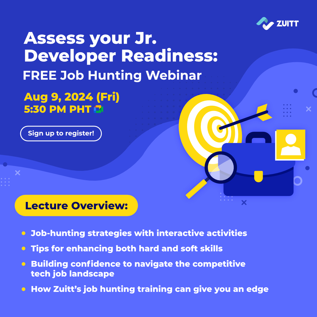 zuittco's tweet image. Assess your Jr. Developer Readiness: Join Our FREE Job Hunting Webinar on August 9 brought to you by Zuitt.
👋 Register here: codenow.zuitt.co/JHTAugust9Regi…
🔎 Event Details:
🗓️ August 9, 2024 (Friday)
🕐 5:30 PM PHT
#JobHunting #FreeWebinar #ZuittCodingBootcamp