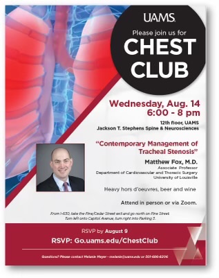 Looking fwd to next Wednesday, Aug 14th 6-8pm.  Dr. Matthew Fox from <a href="/UofL_cts/">University of Louisville Cardiothoracic Surgery</a> will be our guest speaker at the quarterly UAMS Chest Club meeting! Registration for in-person or virtual attendance go.uams.edu/ChestClub