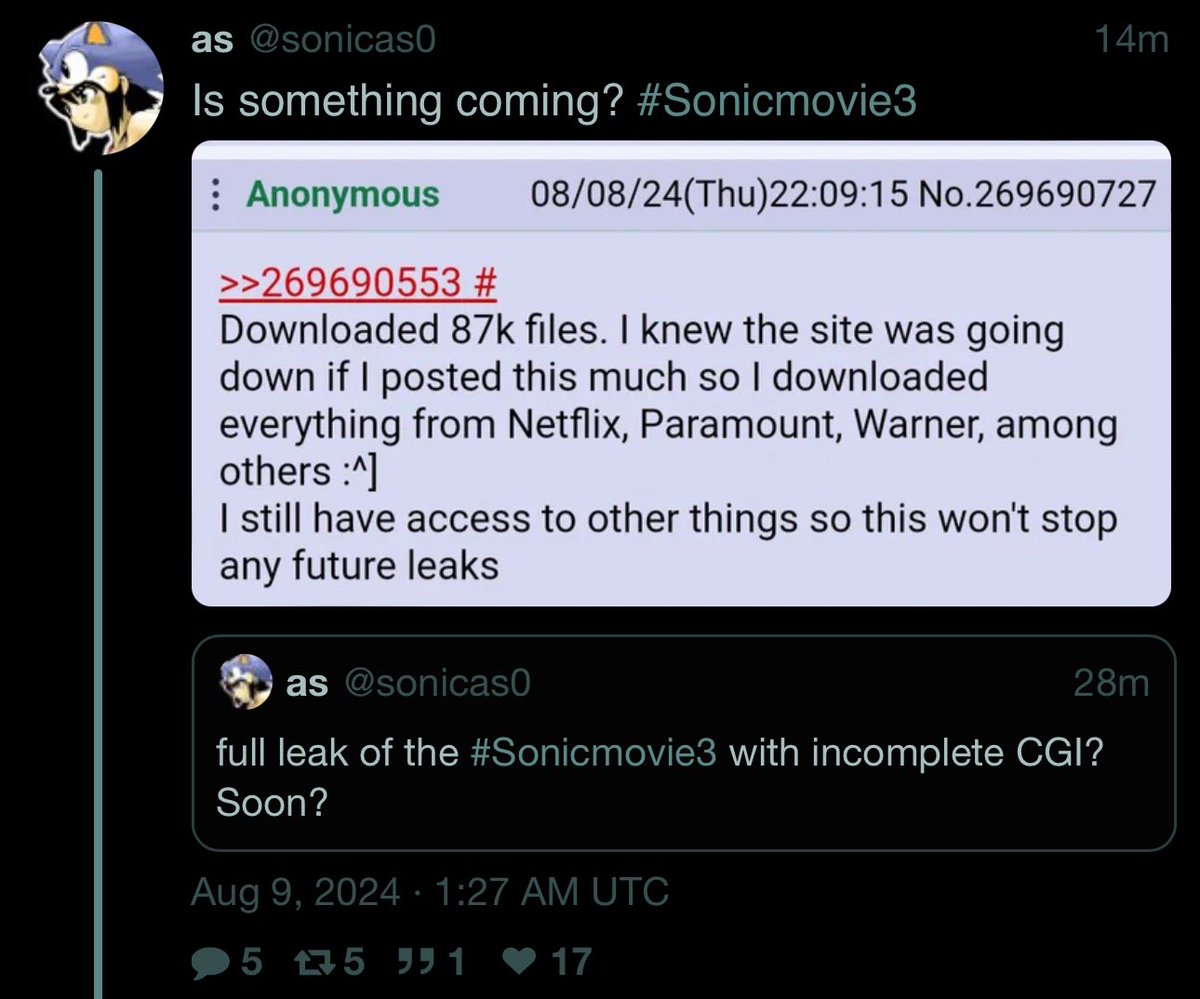 Sonic1News's tweet image. So, somebody managed to get access to downloaded several stuff from several companies like Paramount. We could get a potential look at #SonicMovie3 with unfinished CGI. Also, it’s scary somebody managed to have access to all of this stuff.