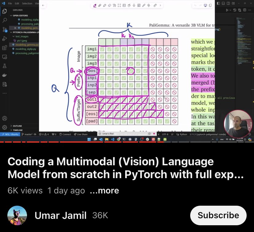 最近看到的最好的「多模态语言模型」讲解视频！🔥 6 小时手把手视频课程⚡️

- 每一步都有详细「图文并茂」解释
- 手把手写代码，了解多模态语言模型核心机制
- 教你实现一个「多模态语言模型」

代码：github.com/hkproj/pytorch…
视频教程地址：youtube.com/watch?v=vAmKB7…