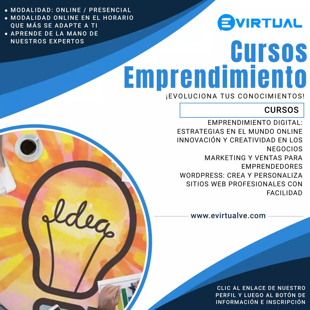 evirtualve's tweet photo. 📚 APRENDE sobre como iniciar, gestionar y hacer crecer un negocio propio explorando la INNOVACIÓN, la CREATIVIDAD, la RESOLUCIÓN DE PROBLEMAS y la TOMA DE DECISIONES EMPRESARIALES 🙌

💻 ¿Quieres conocer sobre nuestra área de conocimiento #Emprendimiento? https://t.co/vq7wPPD5gH