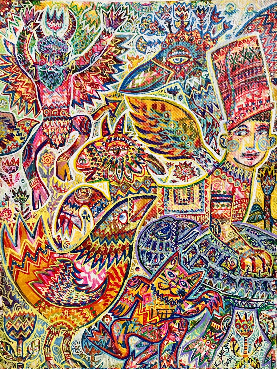 This #painting is inspired by #mythology, #folkart &amp; more. Layers of random brushwork &amp; loose patterning pile on top of each other as a metaphor for various stimuli our brains absorb every second. Read more here instagram.com/p/C-ZNQgtxjOQ/…

#ArtistsOfTwitter #PaintingArt #art #ADHD