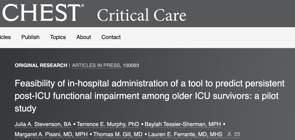 Snigdha Jain MD, MHS, ATSF (@snigdhajain89) on Twitter photo Can we PREDICT the development of post-ICU functional impairment?
In #journal_ChestCritCare led by <a href="/LFerranteMD/">Lauren Ferrante</a>, a feasibility study demonstrating
💠>90% completion rate of the risk prediction tool by participants
💠 Improved model discrimination with in-hospital factors Can we PREDICT the development of post-ICU functional impairment?
In #journal_ChestCritCare led by <a href="/LFerranteMD/">Lauren Ferrante</a>, a feasibility study demonstrating
💠>90% completion rate of the risk prediction tool by participants
💠 Improved model discrimination with in-hospital factors