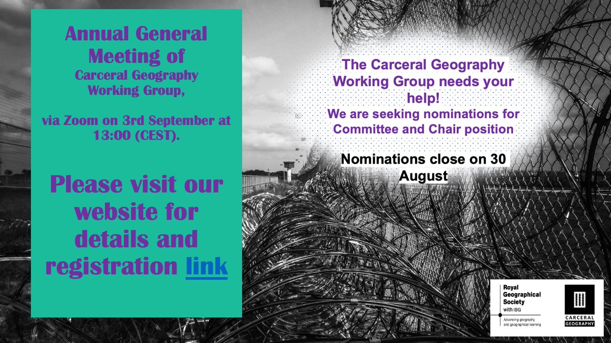 We Need your help! Nominations are now open for Committee and Chair position of the Carceral Geography Working Group.  See details here: carceralgeographies.co.uk/carceral-geogr…