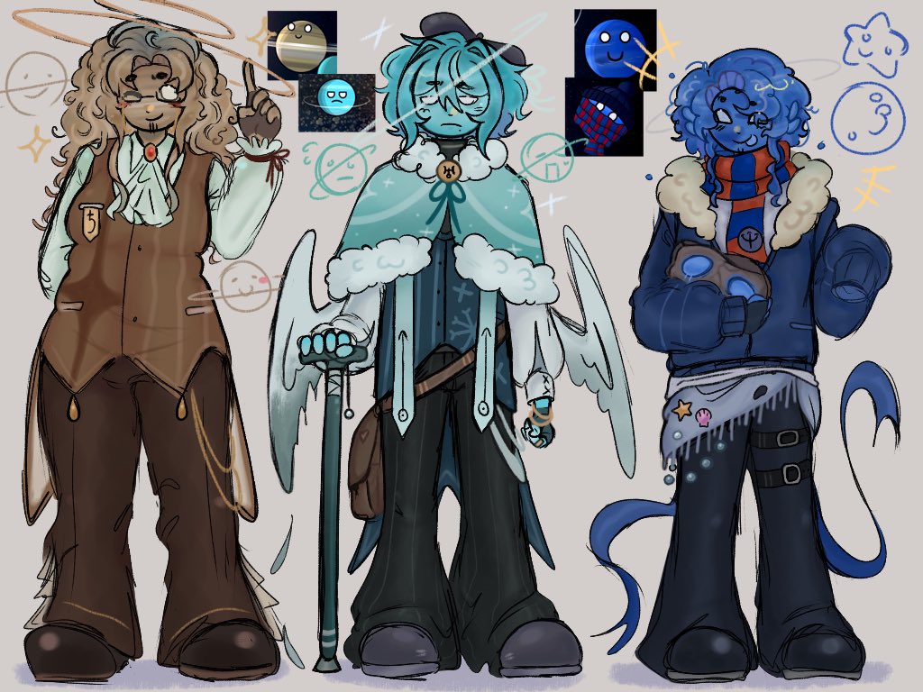 Mayhaps official designs for my Saturn and Neptune… but Uranus might deffo change outfits due to me projecting on em..
#solarballs