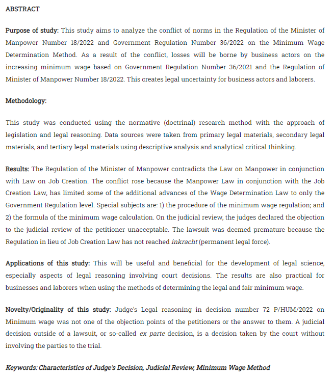 Jurisprudence_e's tweet photo. Septyanun, Nurjannah, dkk. “Critical Study of the Characteristics of the #Judicial_Decision on the Judicial Review of Supreme Court Decision Number 72 P/HUM/2022 on the Minimum Wage.” Jurnal #Jurisprudence, Juli 2023, hlm. 94–112. https://t.co/oxaiMb3UnK. https://t.co/X1NAVf1uIq
