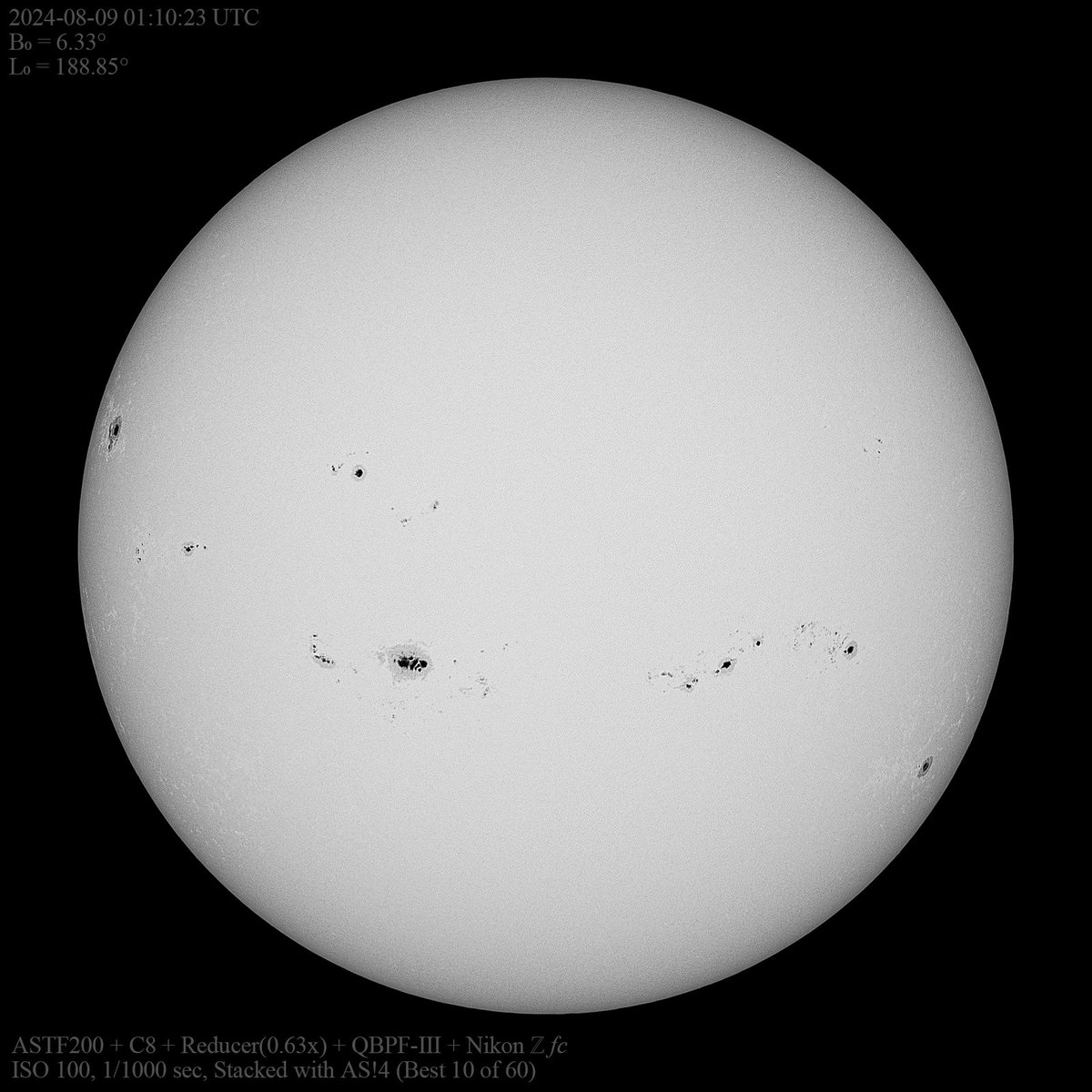 tahiti_express's tweet photo. #Sunspot 2024-08-09 10:10:23 UTC+9
大きなAR1380が正面に近づいていて見ごたえがある。
北半球東端にまだ付番されていない黒点が1つ。

#ASTF200 #C8 #QBPF #Zfc #愛知県尾張旭市 #Japan
https://t.co/cmqPo8Ib2d https://t.co/mIS7GoNYwU