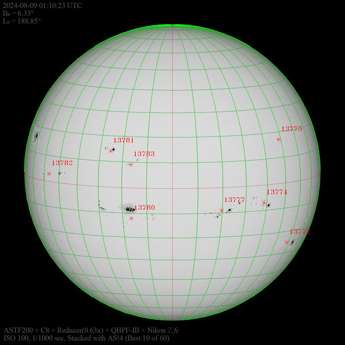 tahiti_express's tweet photo. #Sunspot 2024-08-09 10:10:23 UTC+9
大きなAR1380が正面に近づいていて見ごたえがある。
北半球東端にまだ付番されていない黒点が1つ。

#ASTF200 #C8 #QBPF #Zfc #愛知県尾張旭市 #Japan
https://t.co/cmqPo8Ib2d https://t.co/mIS7GoNYwU