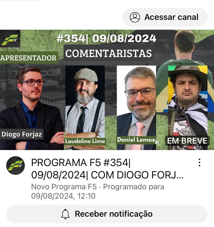 Daniel Lemos (@danielrlemos) on Twitter photo Programa F5 #354 com <a href="/DiogoForjaz/">Diogo Forjaz</a>, <a href="/LaudelinoRJ/">𝓛𝓪𝓾𝓭𝓮𝓵𝓲𝓷𝓸</a>, eu e o super Paulo Kogos. 
Assista, compartilhe e participe conosco do sextou mais hilário que temos para comentar temas sérios com alegria.
Amanhã, 09/8, 12h. Te vejo lá.
youtube.com/live/ksFq1U1ba… Programa F5 #354 com <a href="/DiogoForjaz/">Diogo Forjaz</a>, <a href="/LaudelinoRJ/">𝓛𝓪𝓾𝓭𝓮𝓵𝓲𝓷𝓸</a>, eu e o super Paulo Kogos. 
Assista, compartilhe e participe conosco do sextou mais hilário que temos para comentar temas sérios com alegria.
Amanhã, 09/8, 12h. Te vejo lá.
youtube.com/live/ksFq1U1ba…