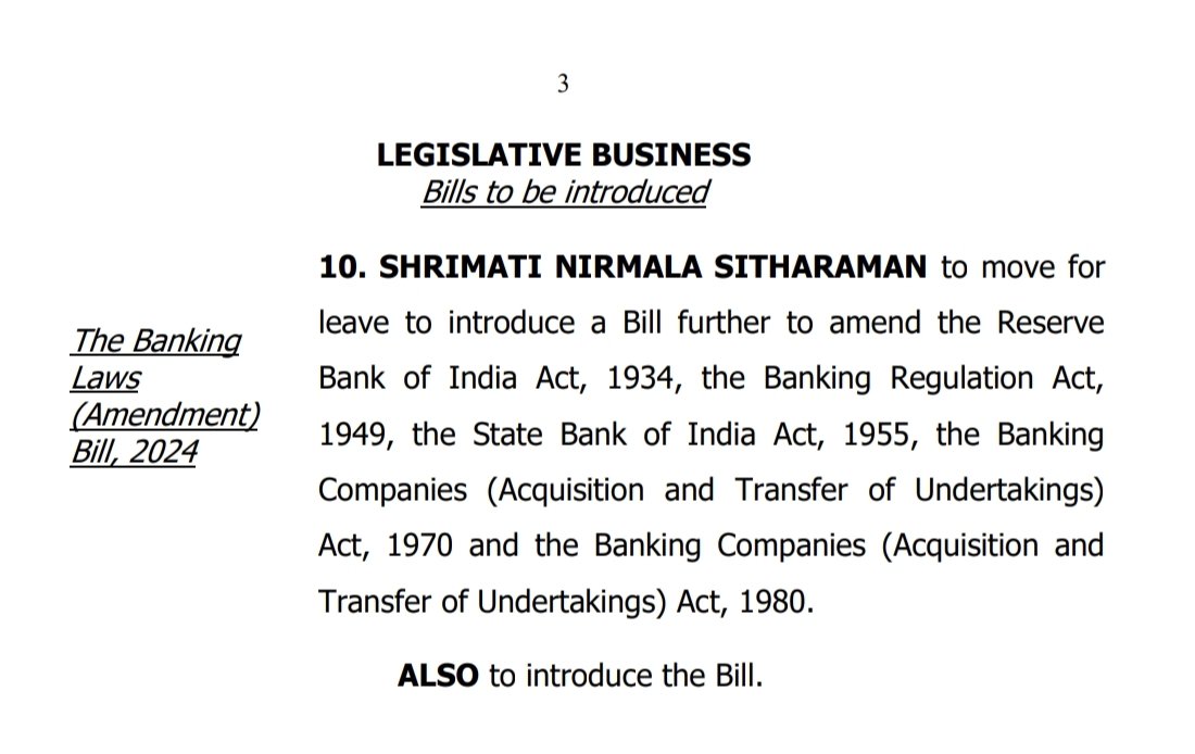 Yogirajfzr's tweet image. The Banking Laws (Amendment) Bill, 2024 आज लोकसभा में पेश किया जाएगा।
 the Banking Com. (Acquisition and Transfer of Undertakings) Act, 1970 और Act, 1980.
में बदलाव संभव।
#SavePSB #SavePublicSectorBank
#5DaysBanking