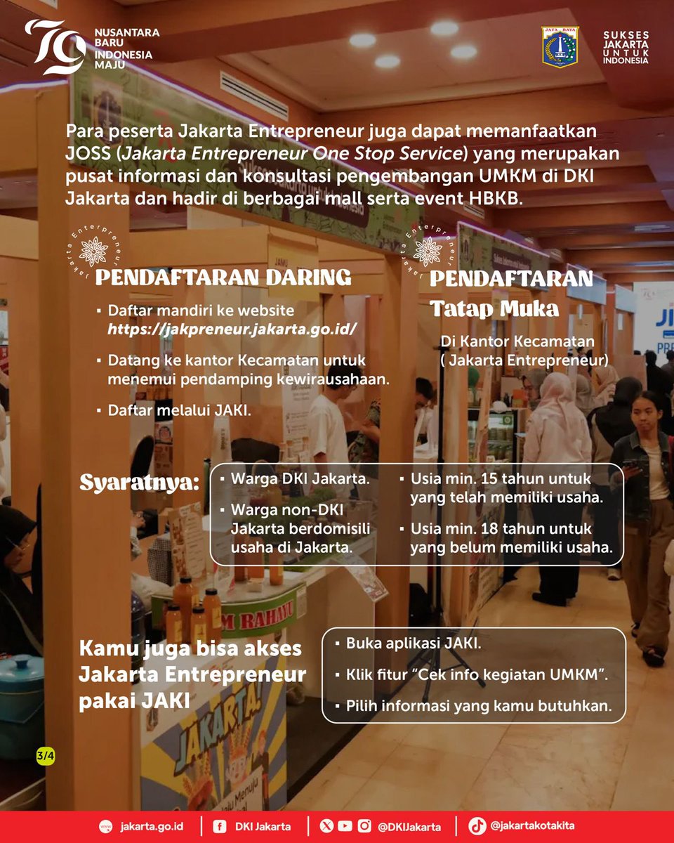 DKIJakarta's tweet photo. Siapa nih warga Jakarta yang punya Usaha Menengah Kecil Mikro (UMKM)? 

Supaya UMKM kamu bisa semakin berkembang, saatnya untuk daftarkan ke Jakarta Enterpreneur. Program ini adalah fasilitasi dari Pemprov DKI Jakarta agar pemilik UMKM semakin memliki keterampilan dalam berwirausaha. 

Apa saja sih program yang ditawarkan oleh Jakarta Enterpreneur dan bagaimana cara mendaftarkannya? Simak infografisnya di atas! 

#dkijakarta #suksesjakartauntukindonesia #jagajakarta #jakartaenterpreneur #JAKI