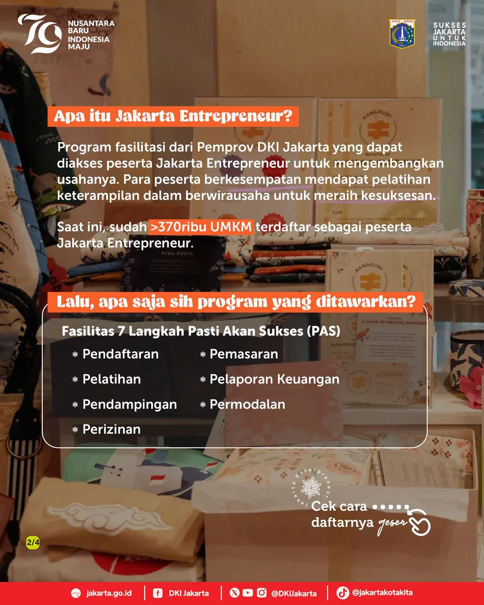 DKIJakarta's tweet photo. Siapa nih warga Jakarta yang punya Usaha Menengah Kecil Mikro (UMKM)? 

Supaya UMKM kamu bisa semakin berkembang, saatnya untuk daftarkan ke Jakarta Enterpreneur. Program ini adalah fasilitasi dari Pemprov DKI Jakarta agar pemilik UMKM semakin memliki keterampilan dalam berwirausaha. 

Apa saja sih program yang ditawarkan oleh Jakarta Enterpreneur dan bagaimana cara mendaftarkannya? Simak infografisnya di atas! 

#dkijakarta #suksesjakartauntukindonesia #jagajakarta #jakartaenterpreneur #JAKI