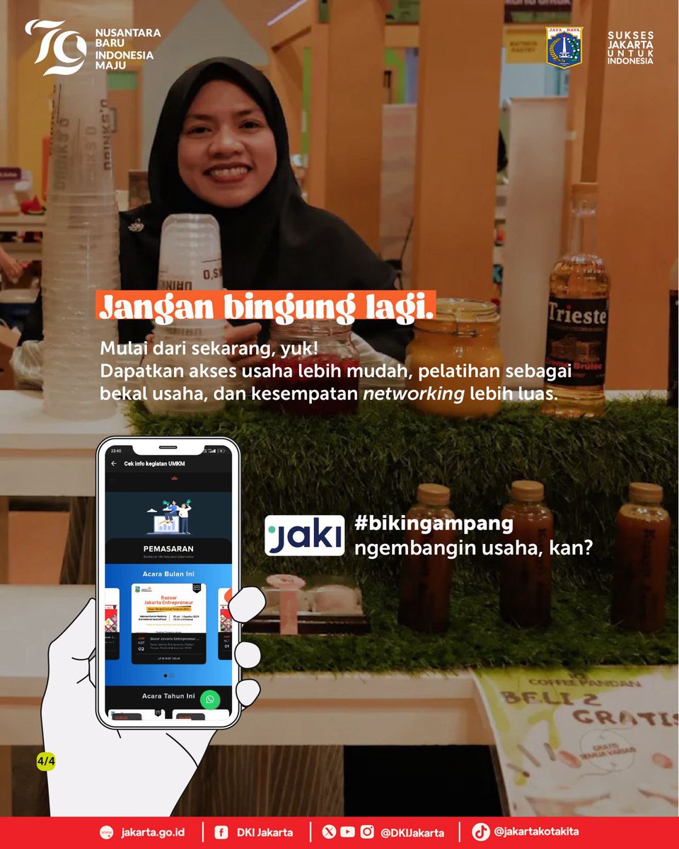 DKIJakarta's tweet photo. Siapa nih warga Jakarta yang punya Usaha Menengah Kecil Mikro (UMKM)? 

Supaya UMKM kamu bisa semakin berkembang, saatnya untuk daftarkan ke Jakarta Enterpreneur. Program ini adalah fasilitasi dari Pemprov DKI Jakarta agar pemilik UMKM semakin memliki keterampilan dalam berwirausaha. 

Apa saja sih program yang ditawarkan oleh Jakarta Enterpreneur dan bagaimana cara mendaftarkannya? Simak infografisnya di atas! 

#dkijakarta #suksesjakartauntukindonesia #jagajakarta #jakartaenterpreneur #JAKI