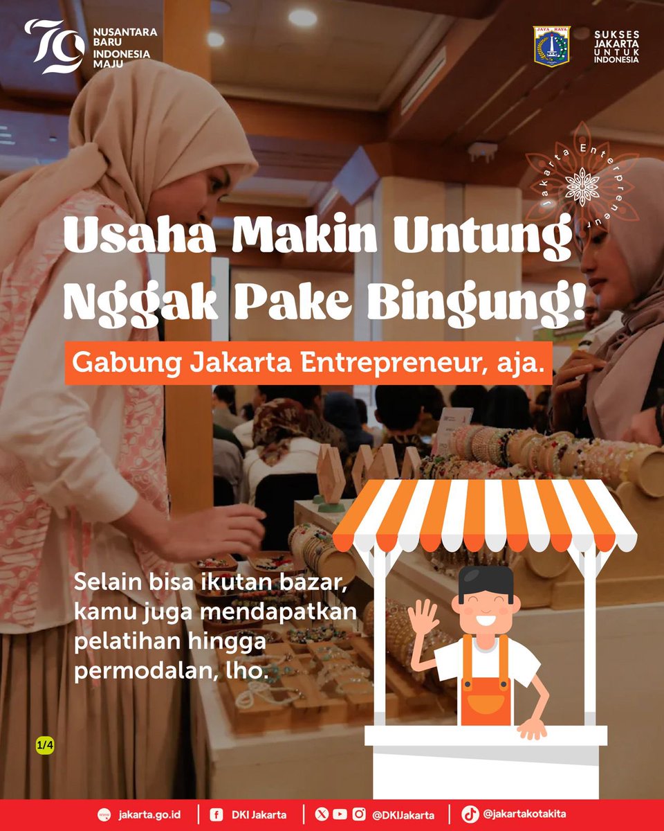 DKIJakarta's tweet photo. Siapa nih warga Jakarta yang punya Usaha Menengah Kecil Mikro (UMKM)? 

Supaya UMKM kamu bisa semakin berkembang, saatnya untuk daftarkan ke Jakarta Enterpreneur. Program ini adalah fasilitasi dari Pemprov DKI Jakarta agar pemilik UMKM semakin memliki keterampilan dalam berwirausaha. 

Apa saja sih program yang ditawarkan oleh Jakarta Enterpreneur dan bagaimana cara mendaftarkannya? Simak infografisnya di atas! 

#dkijakarta #suksesjakartauntukindonesia #jagajakarta #jakartaenterpreneur #JAKI