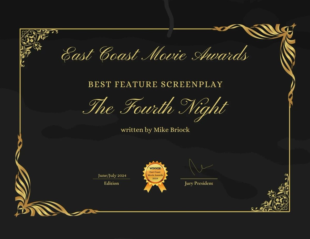 Scriptreaderguy's tweet image. My film noir crime thriller screenplay The Fourth Night has won its 17th film festival. This is my 52nd film festival win overall to date.
