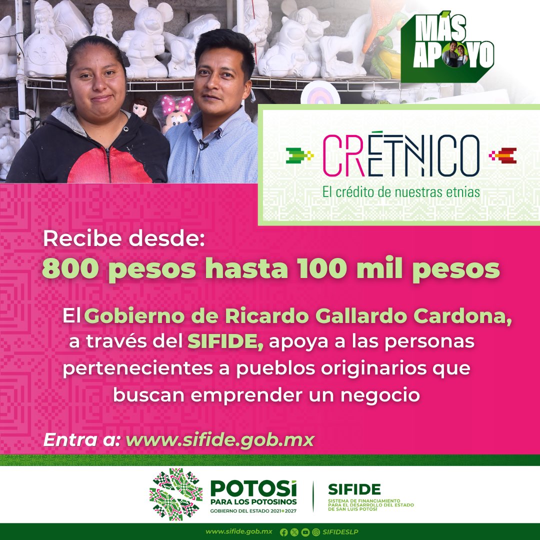 El 9 de agosto se conmemora el Día Internacional de los Pueblos Indígenas. En esta efeméride se rarifica el compromiso del Gobierno de <a href="/RGC_Mx/">Ricardo Gallardo Cardona 🇲🇽</a>, a través del @SIFIDESLP, para impulsar el emprendimiento en los pueblos originarios. Conoce Crétnico: sifide.gob.mx/cretnico/