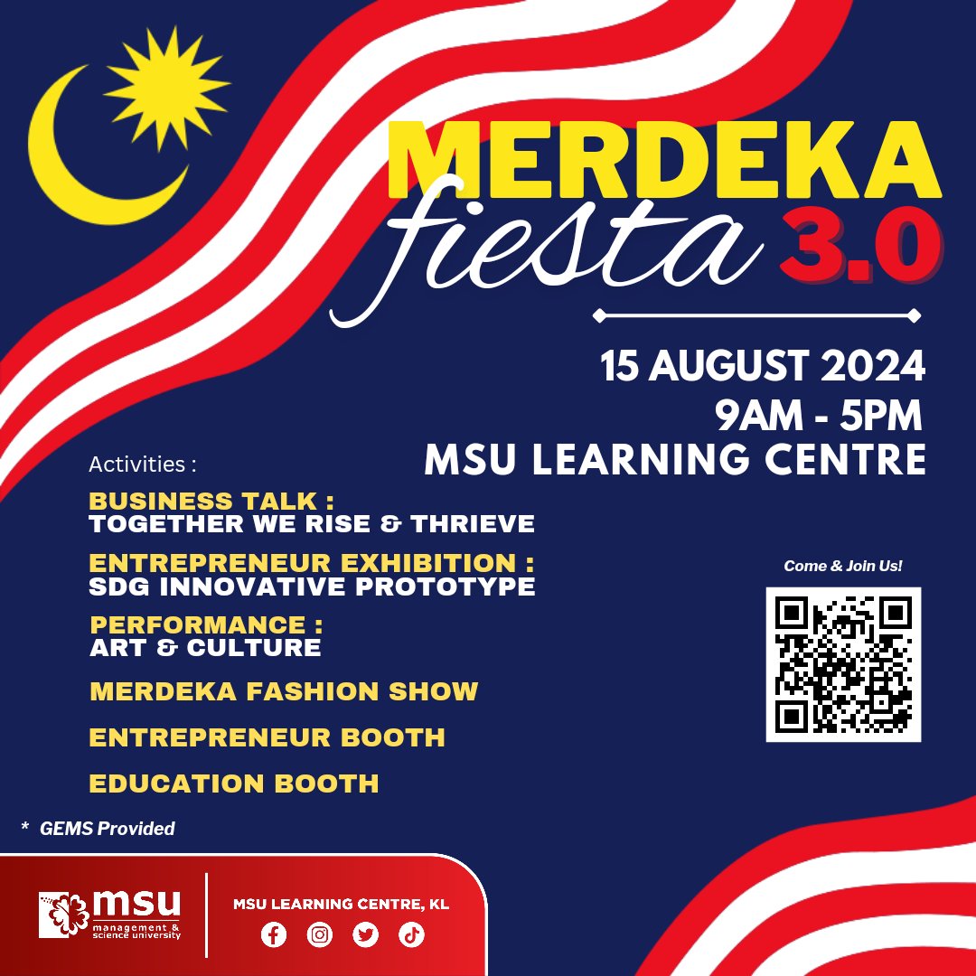 MSULCKL's tweet photo. Calling everyone to join our merdeka fiesta 3.0!

#merdekafiesta
#entrepreneur
#industry
#learningexperience
#msumalaysia
#beMSUrians https://t.co/f8566yL4xJ